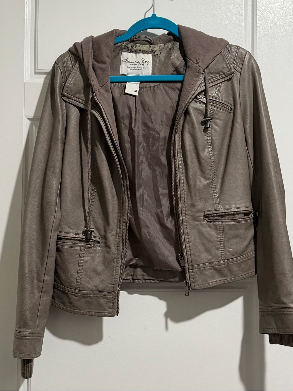 American Rag Taupe Leather-Blend Hoodie Jacket